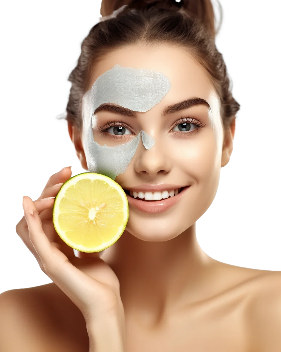 Happy Woman with Facial Clay Mask Holding Lemon Free PNG