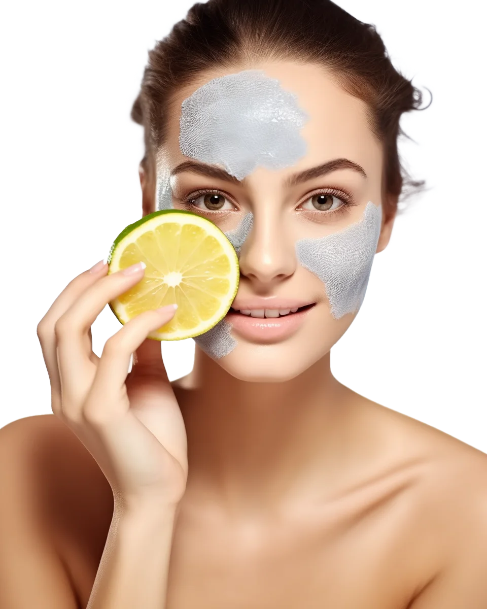 Woman with Purifying Clay Face Mask Holding Lemon Free PNG