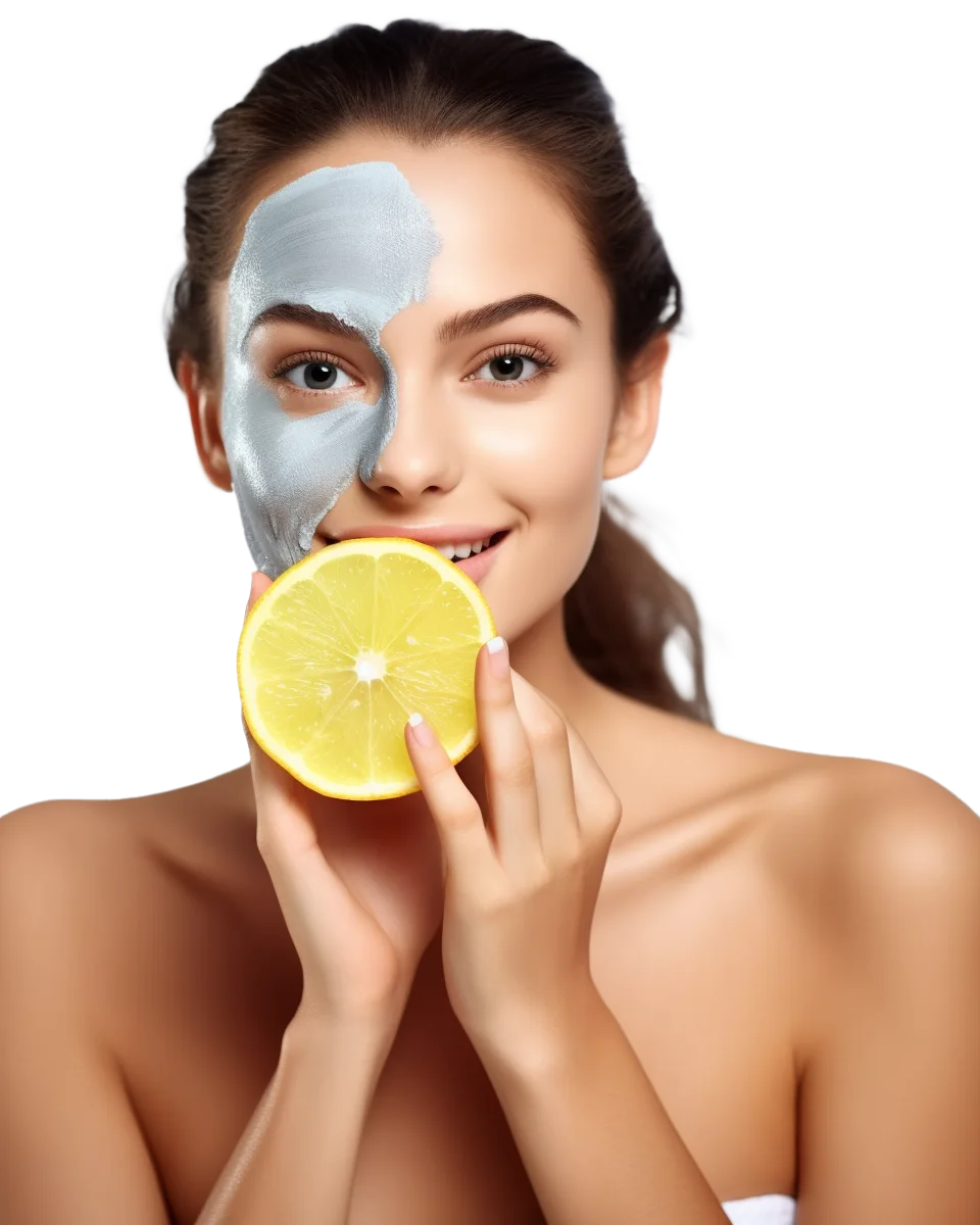 Smiling Woman with Facial Mask Holding Fresh Lemon Free PNG