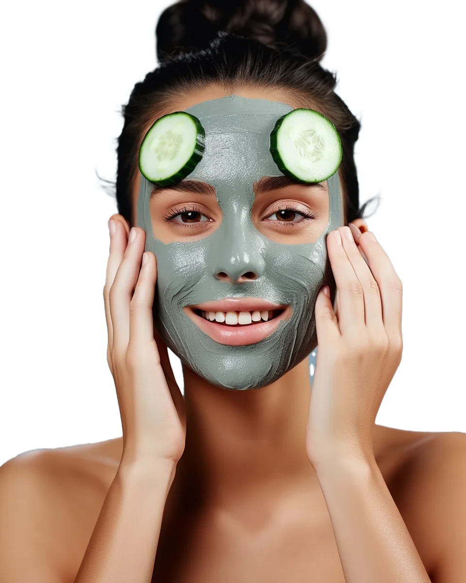 Woman Relaxing with Mud Face Mask and Cucumbers Free PNG