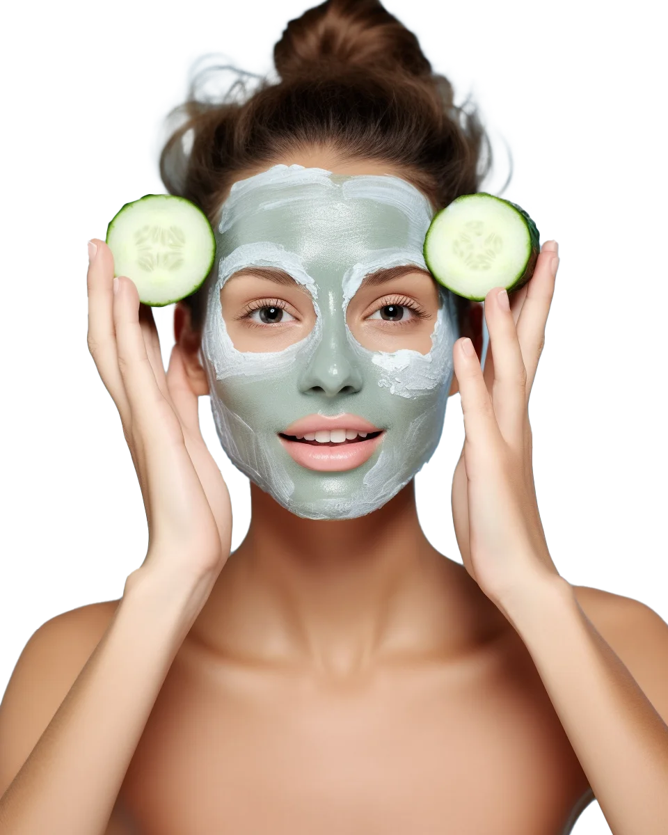 Woman with Clay Facial Mask and Cucumber Slices Free PNG