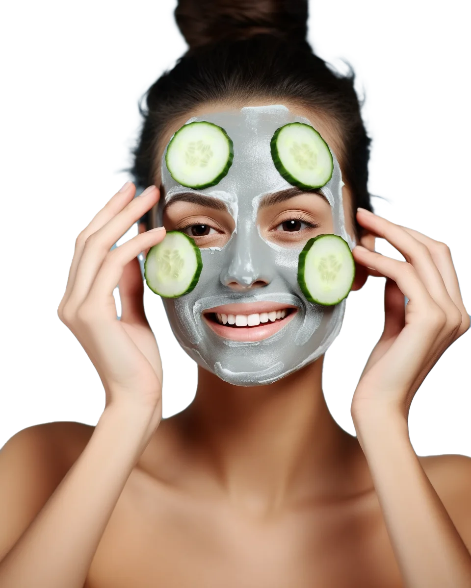 Smiling Woman Wearing Face Mask and Cucumber Eye Pads Free PNG