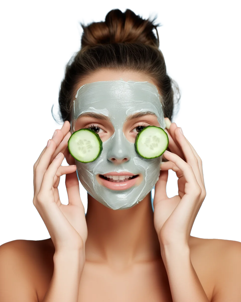 Happy Woman with Green Facial Mud Mask and Cucumbers Free PNG
