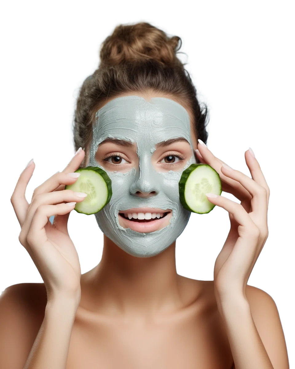 Young Woman Facial Clay Mask with Cucumber Slices Free PNG