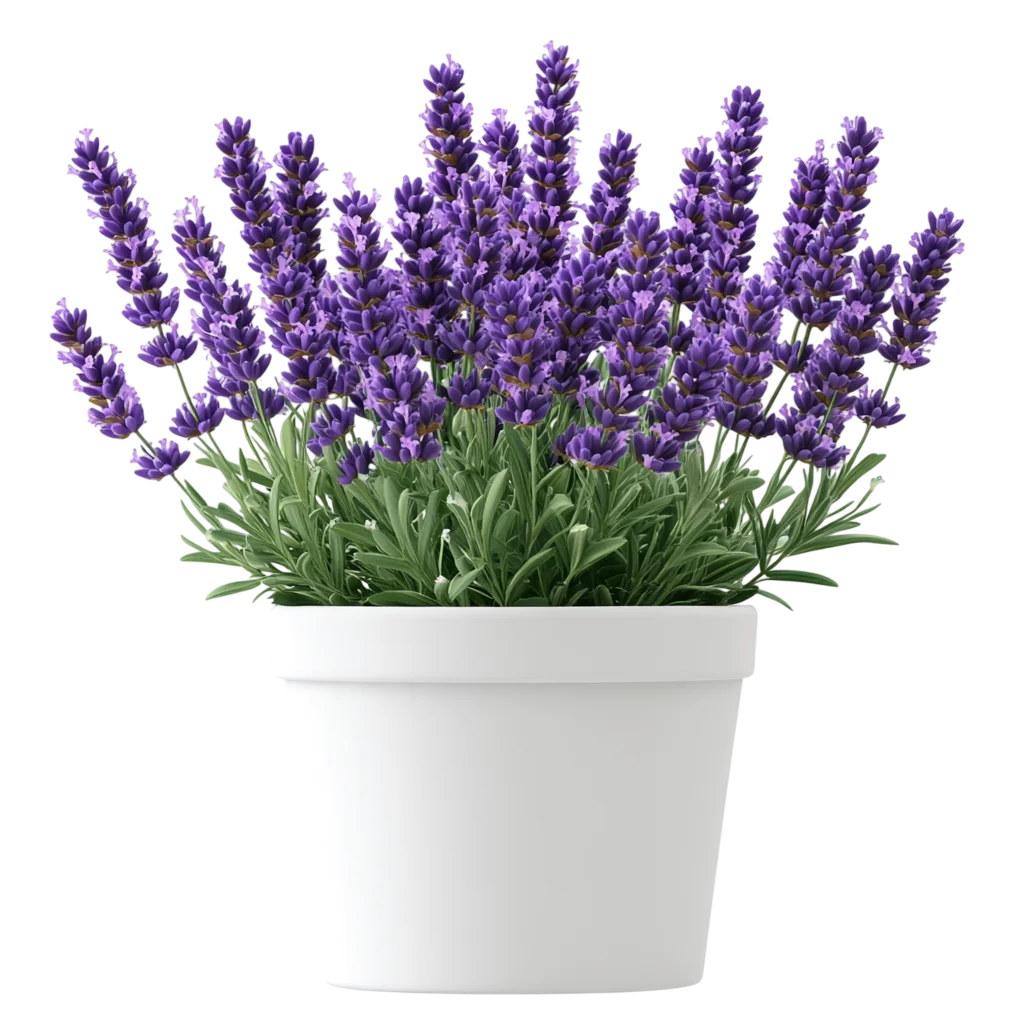 Lush Lavender Flower Plant in White Planter Pot Free PNG