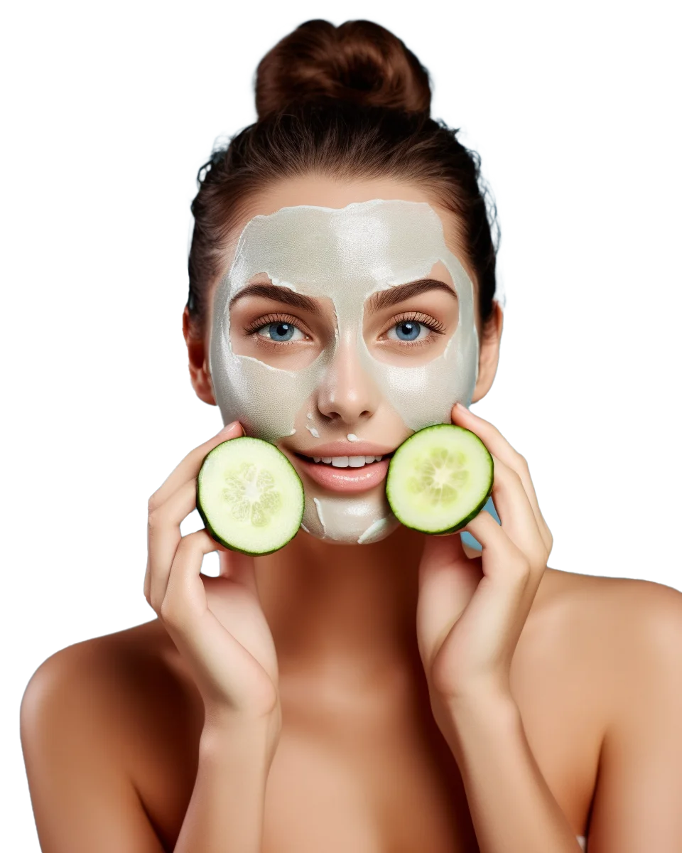 Smiling Woman with Clay Face Mask and Cucumber Free PNG