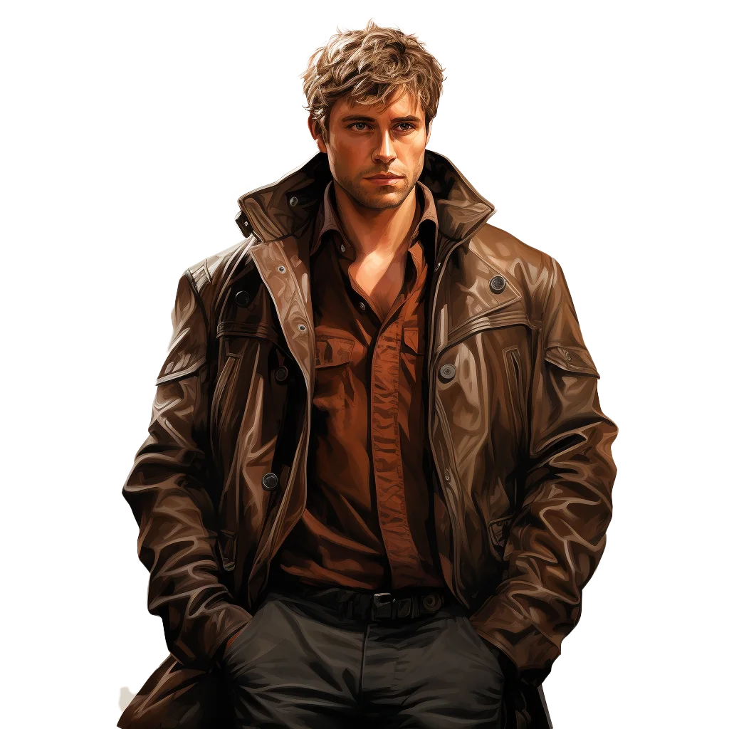 Rugged Man Standing Wearing Brown Leather Jacket Free PNG