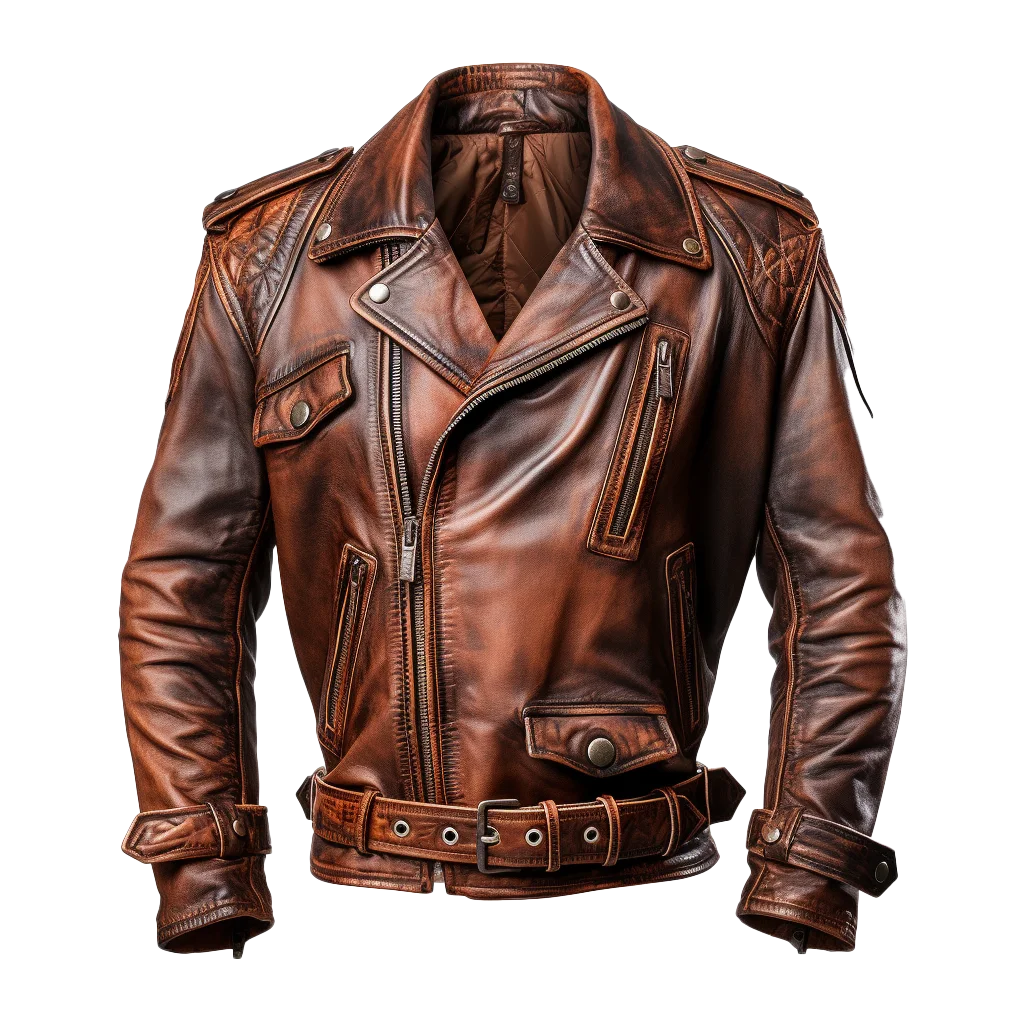 Vintage Brown Distressed Leather Biker Jacket Free PNG