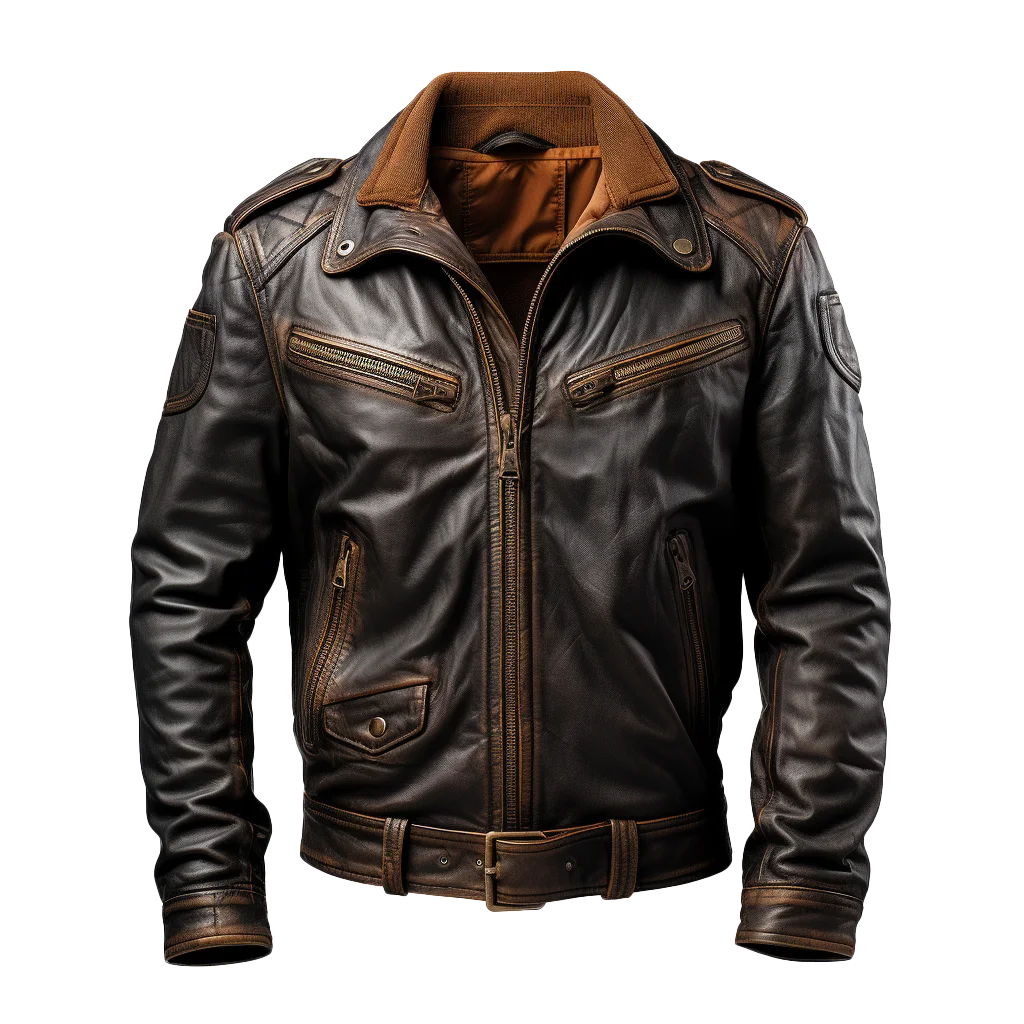 Vintage Dark Brown Distressed Leather Jacket Free PNG