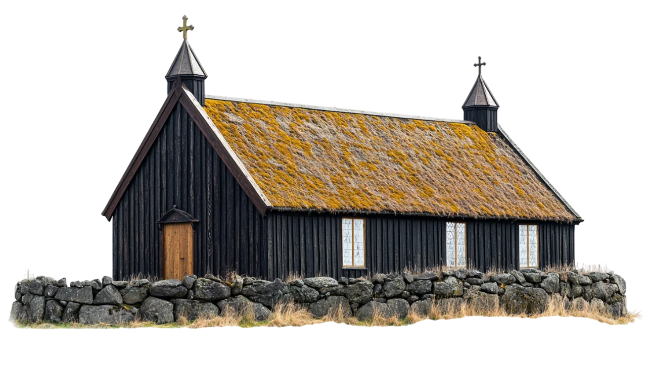 Rustic Black Wooden Barn with Moss Roof Free PNG