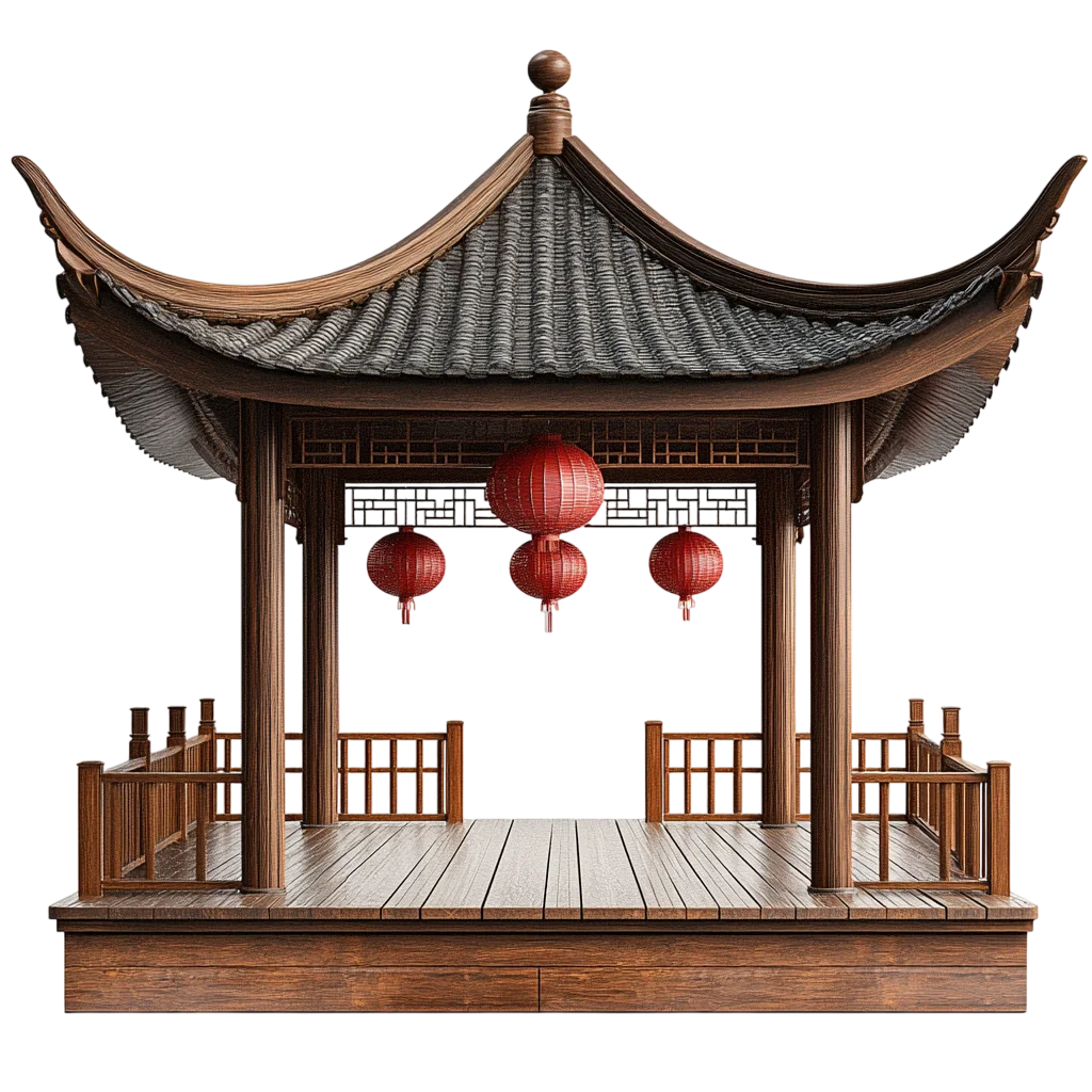 Classic Oriental Wooden Pavilion with Lanterns Free PNG