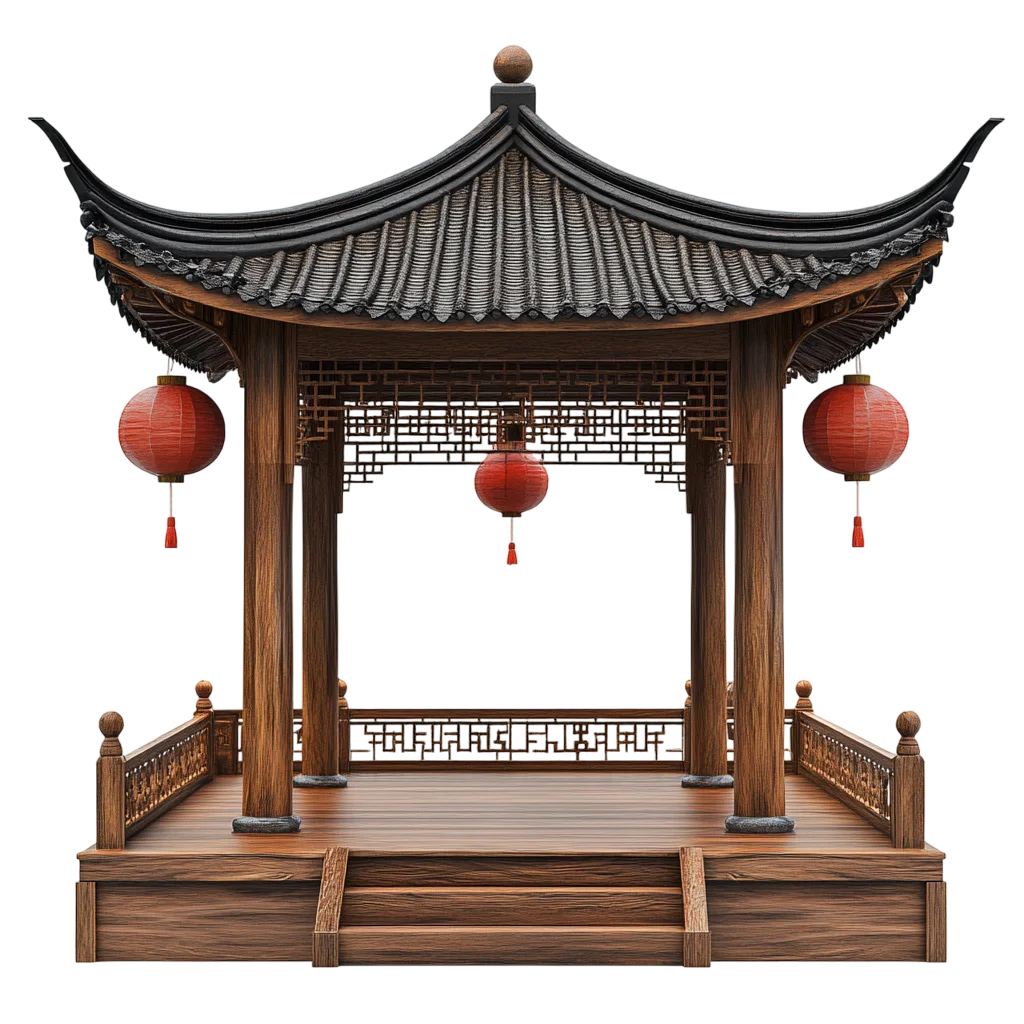Traditional Asian Gazebo with Red Lanterns Free PNG