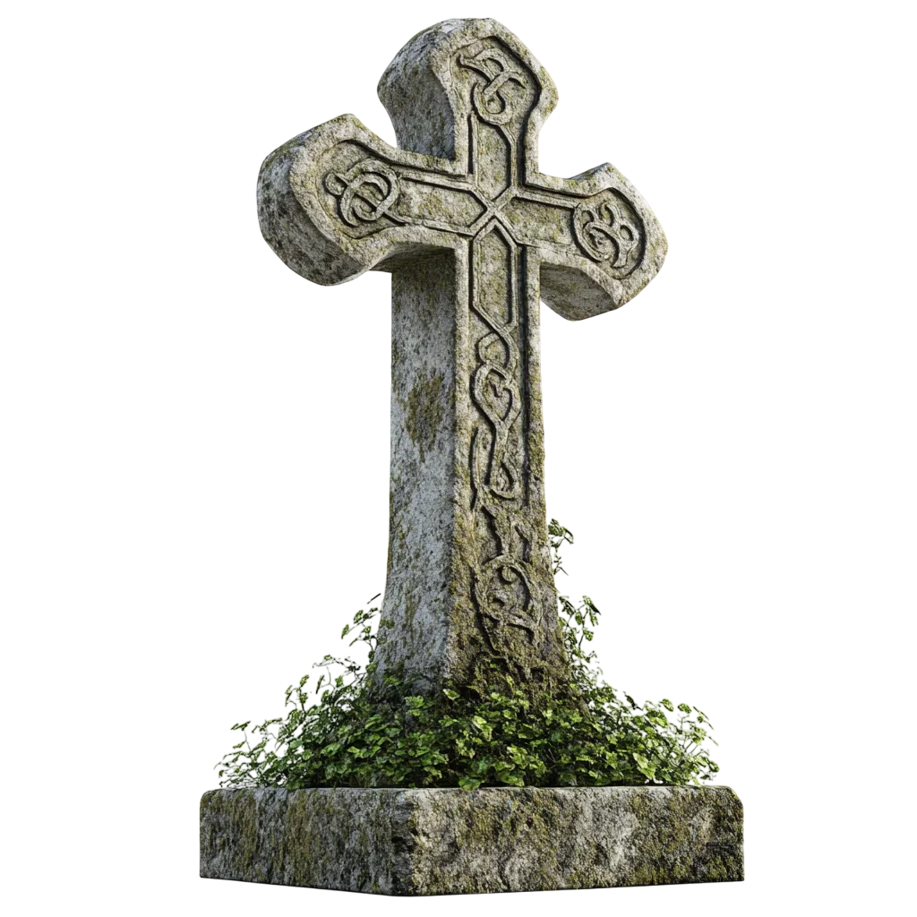 Moss Covered Celtic Stone Cross Headstone Free PNG