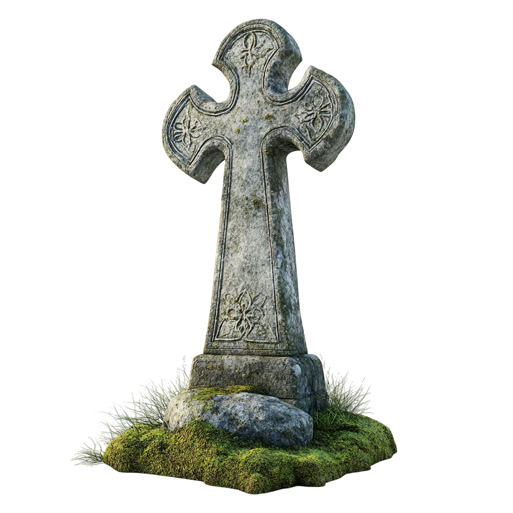 Aged Celtic Stone Cross Gravestone on Mound Free PNG