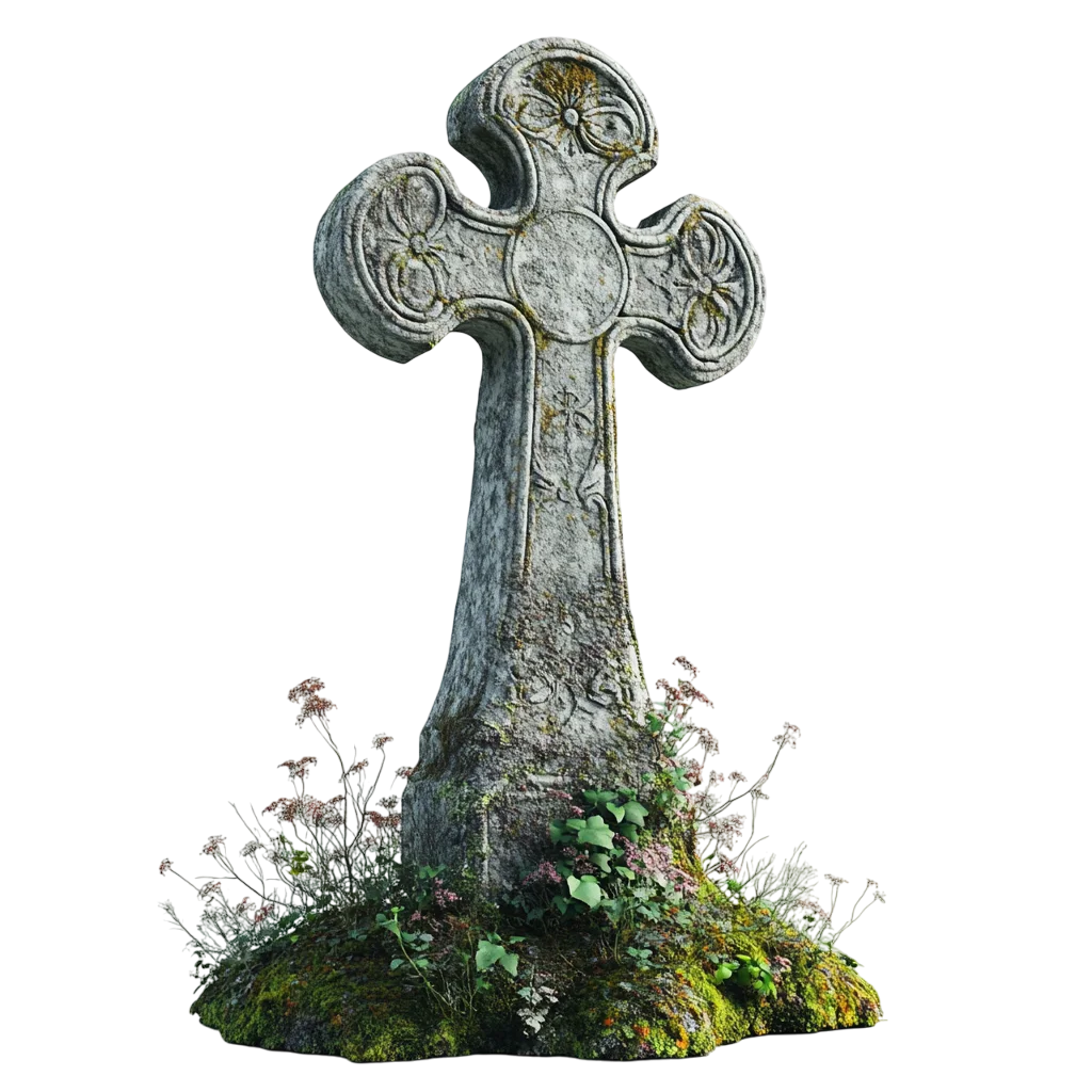 Weathered Stone Cross Tombstone with Wild Moss Free PNG
