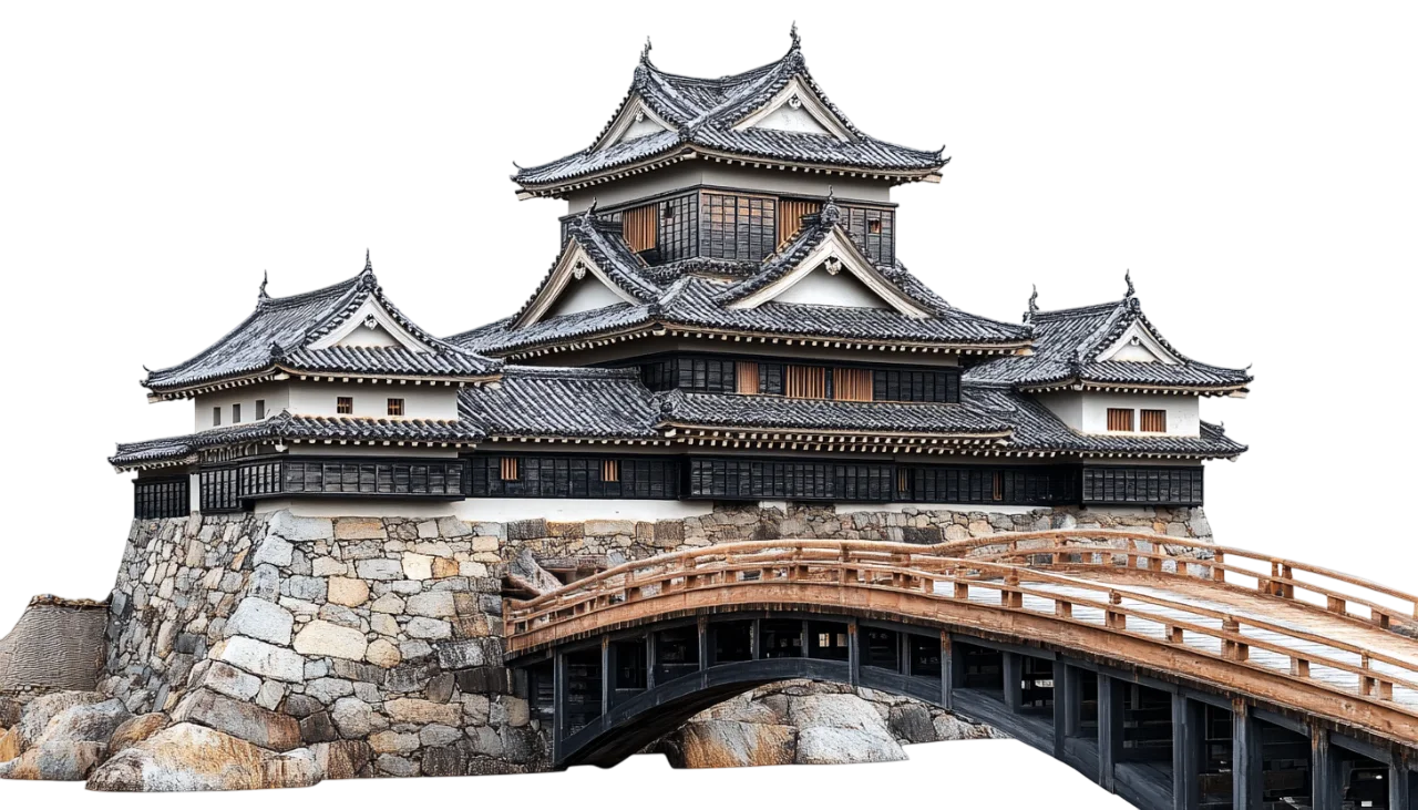 Japanese Castle Fortress with Wooden Bridge Free PNG