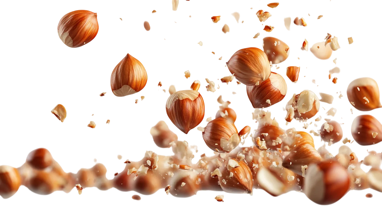 Flying Whole and Cracked Hazelnuts Free PNG Cutout