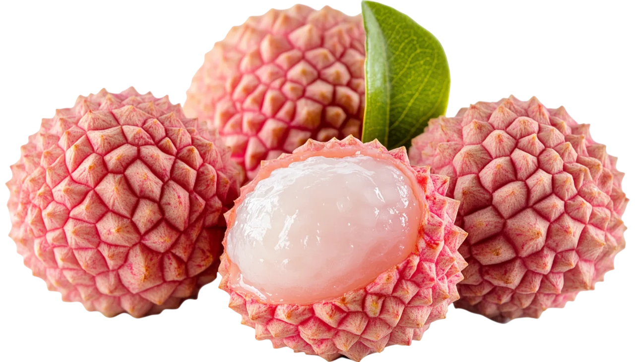 Peeled Fresh Lychee Fruit with Leaves Free PNG