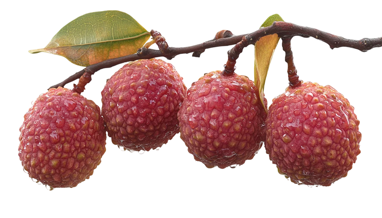 Ripe Red Lychee Fruits on Branch Free PNG Cutout