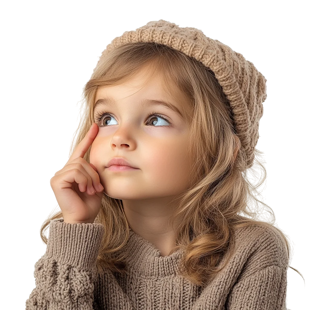 Cute Girl in Knit Beanie Thinking Free PNG Cutout