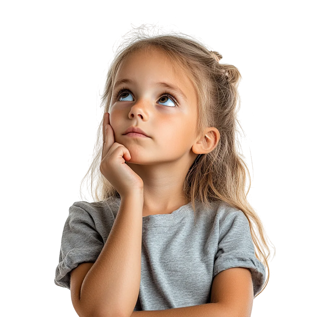Curious Little Girl Thinking with Hand on Chin Free PNG