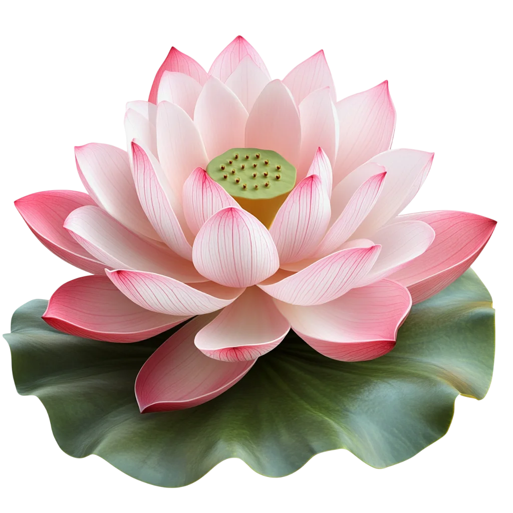 Pink Lotus Flower on Green Lily Pad Leaf Free PNG