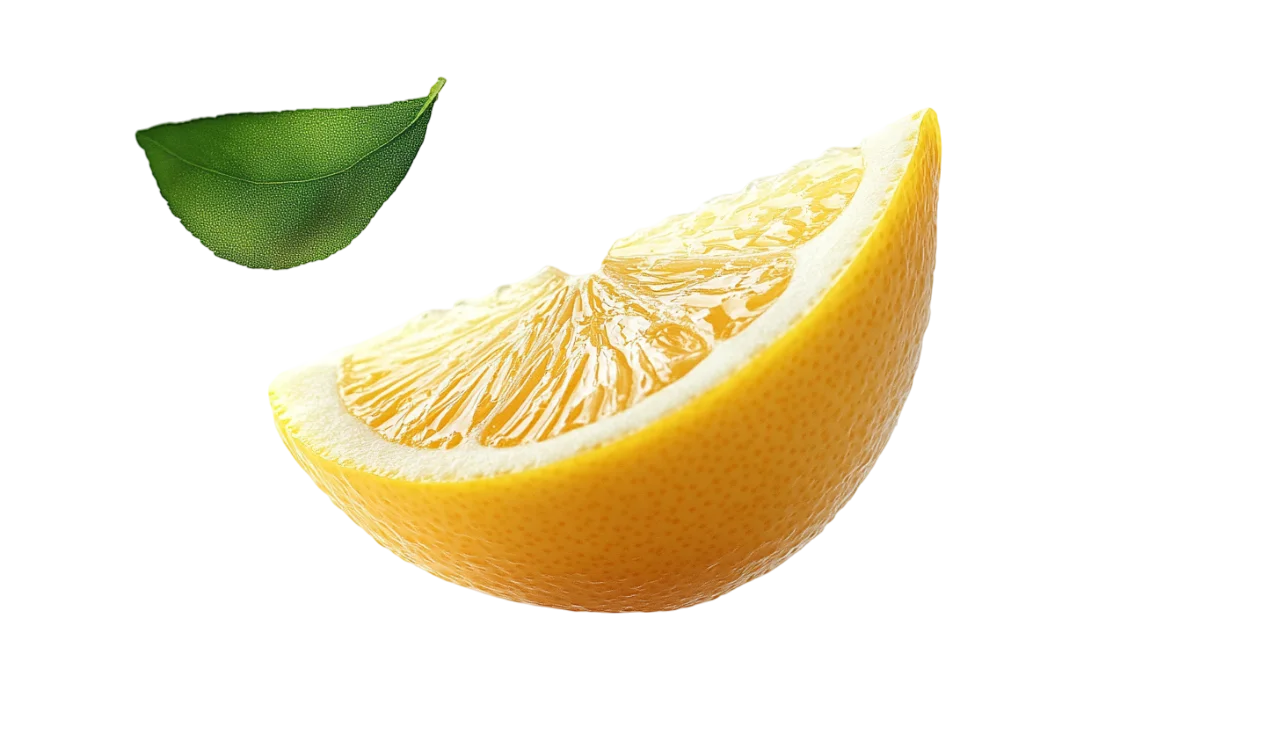 Fresh Lemon Wedge with Green Leaves Free PNG