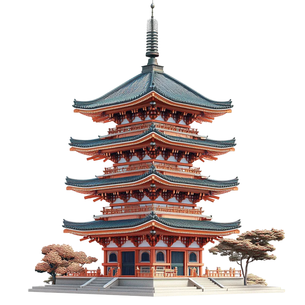 Japanese Pagoda Temple with Pine Trees Free PNG