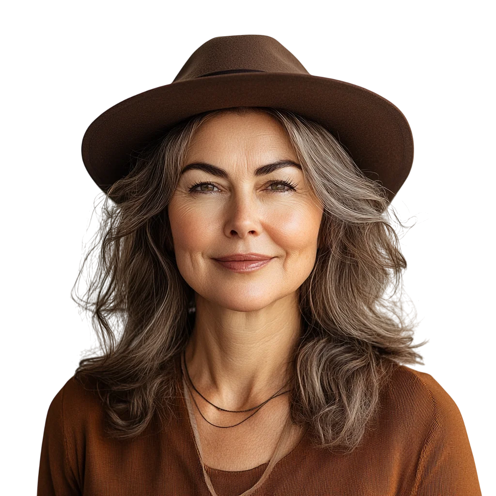 Mature Woman in Brown Fedora Hat Free PNG Portrait