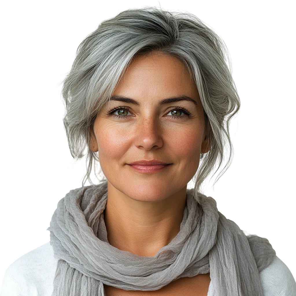 Smiling Mature Woman in Gray Scarf Free PNG Cutout