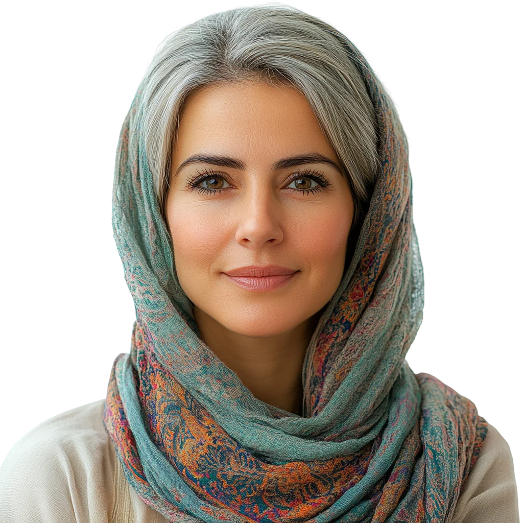 Mature Woman in Teal Patterned Scarf Free PNG