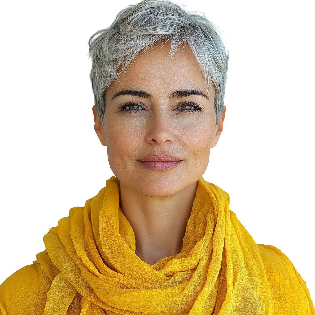 Mature Woman with Pixie Cut in Yellow Scarf Free PNG