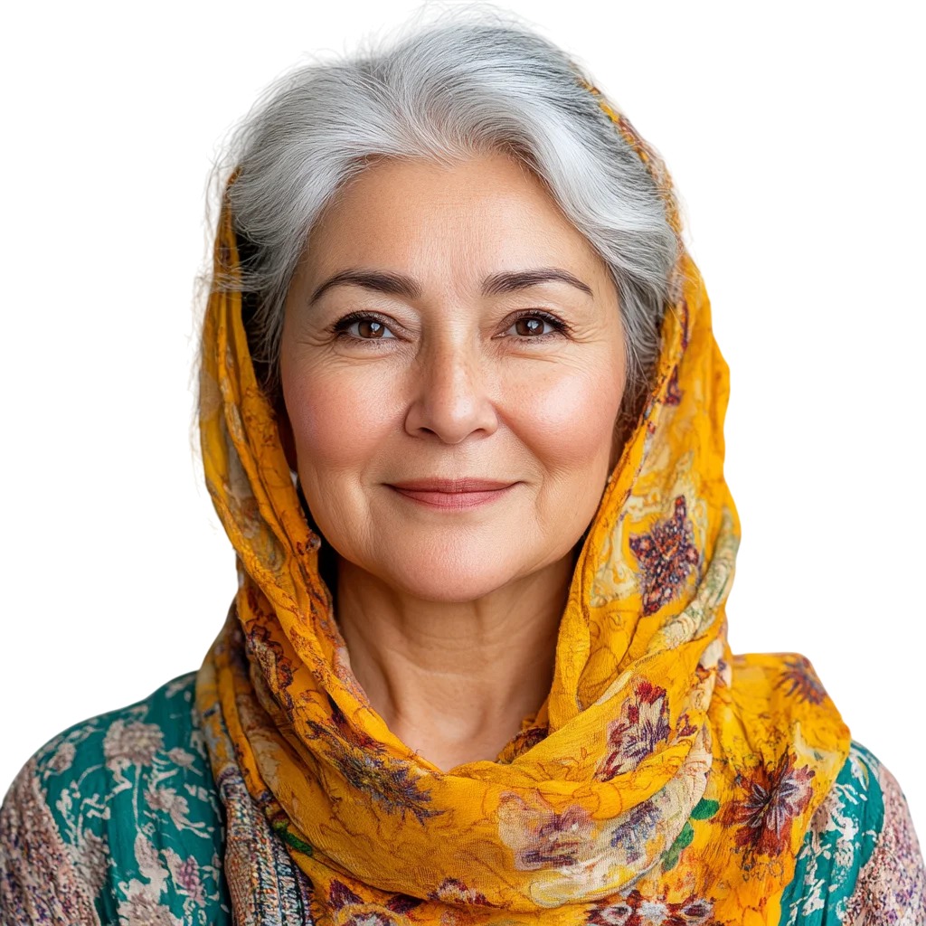 Mature Woman in Yellow Patterned Scarf Free PNG