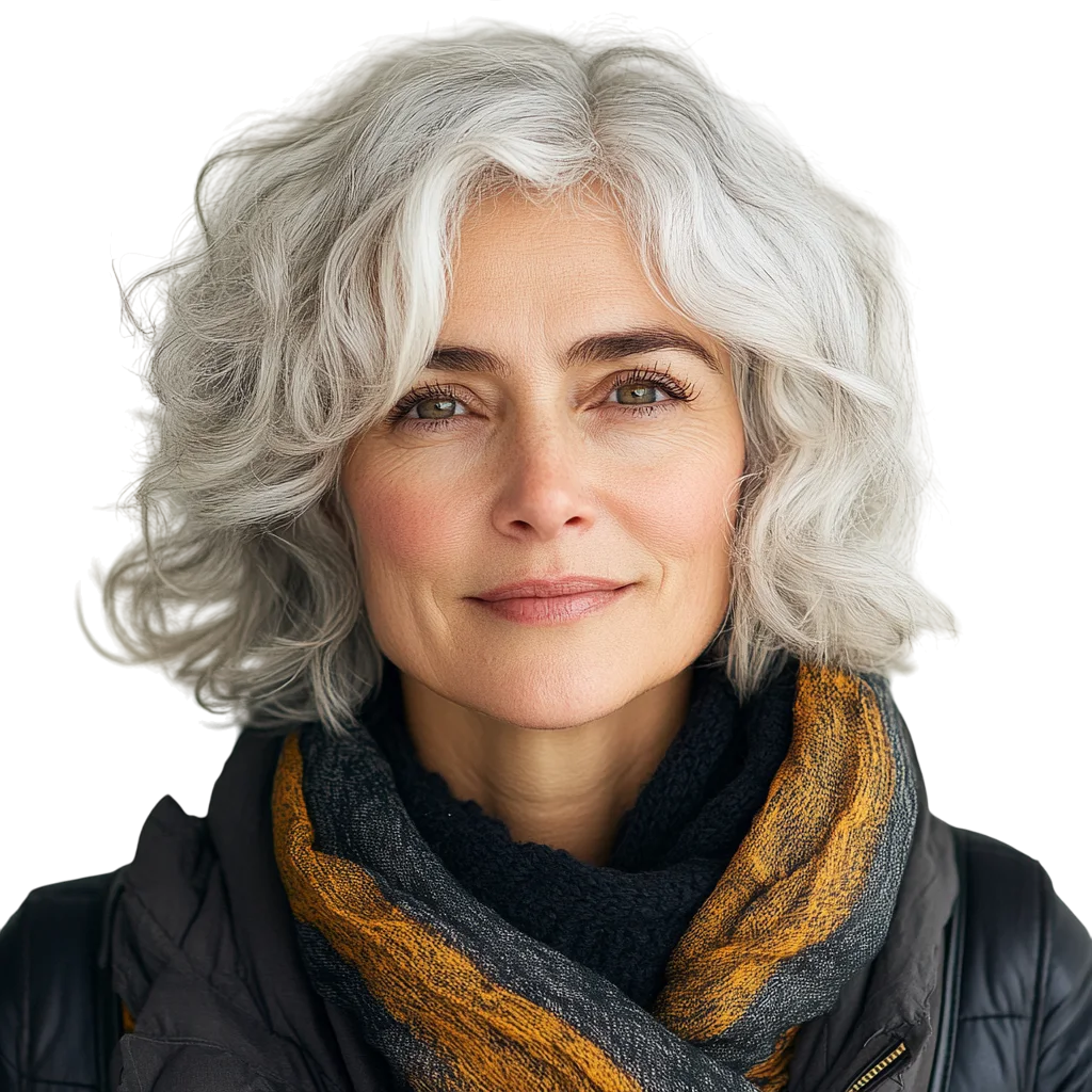 Mature Woman with Curly Gray Hair Free PNG Cutout