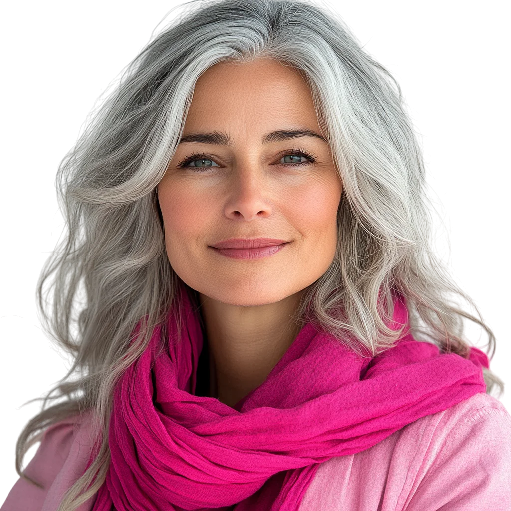 Chic Gray Hair Woman in Magenta Scarf Free PNG