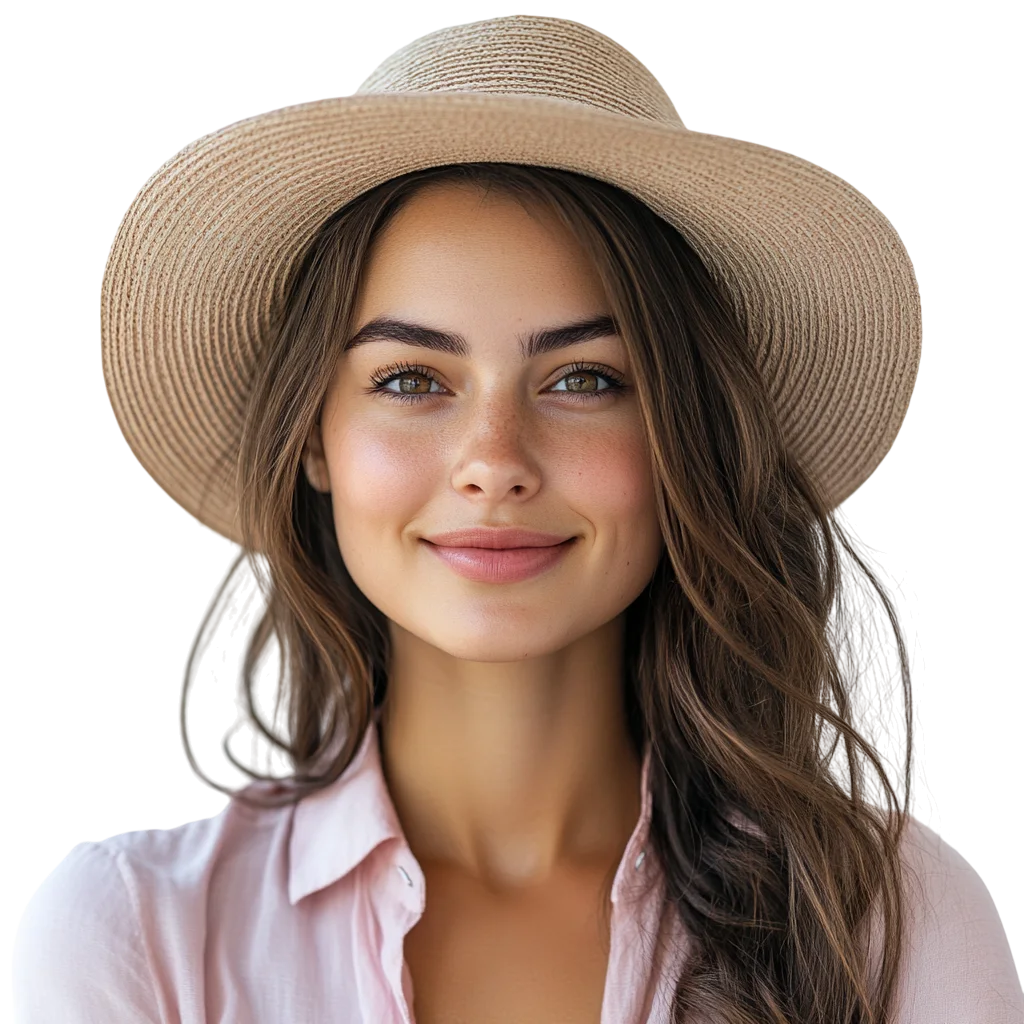 Smiling Woman in Tan Fedora Hat Free PNG Portrait