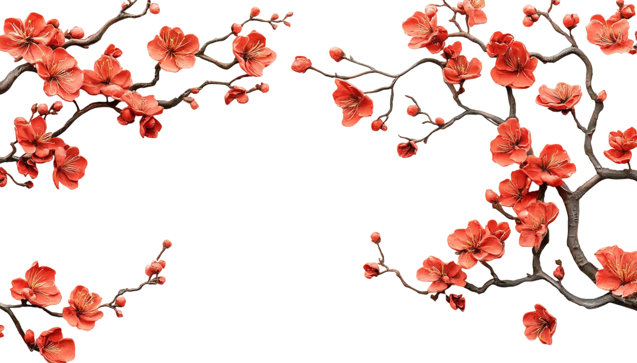 Red Plum Blossom Branch Border Frame Free PNG