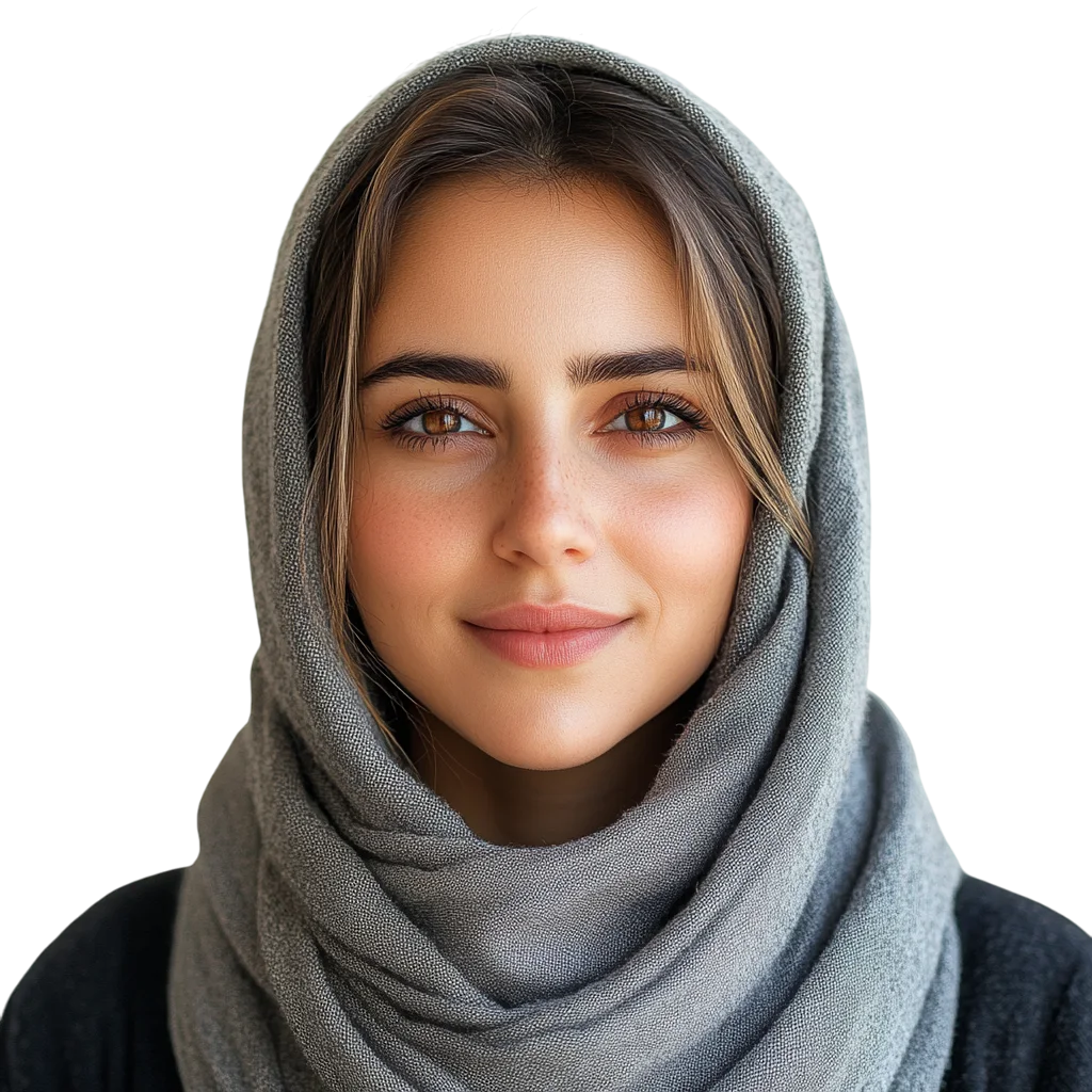 Elegant Woman in Gray Hooded Scarf Free PNG Headshot