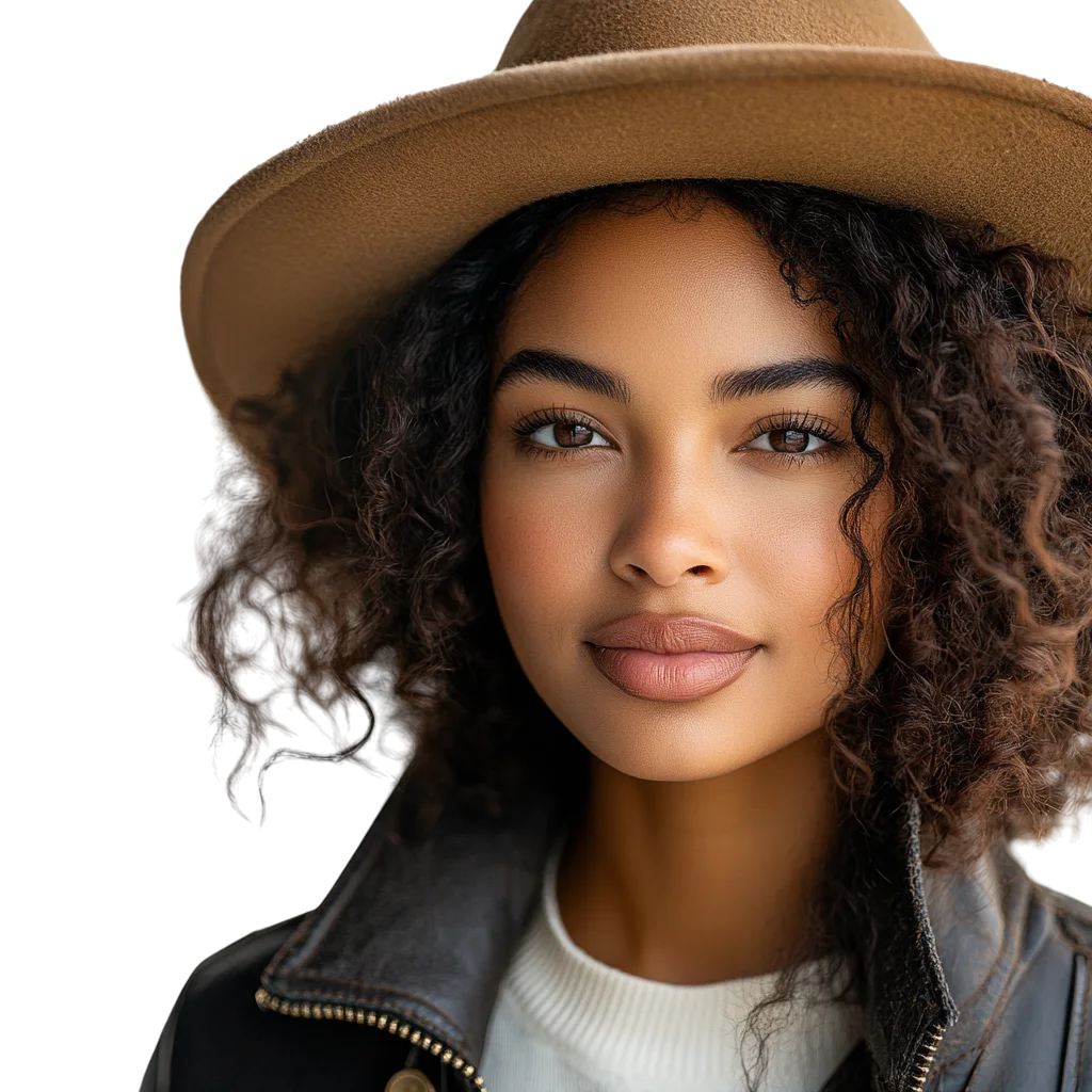 Stylish Woman in Fedora Hat Free PNG Portrait