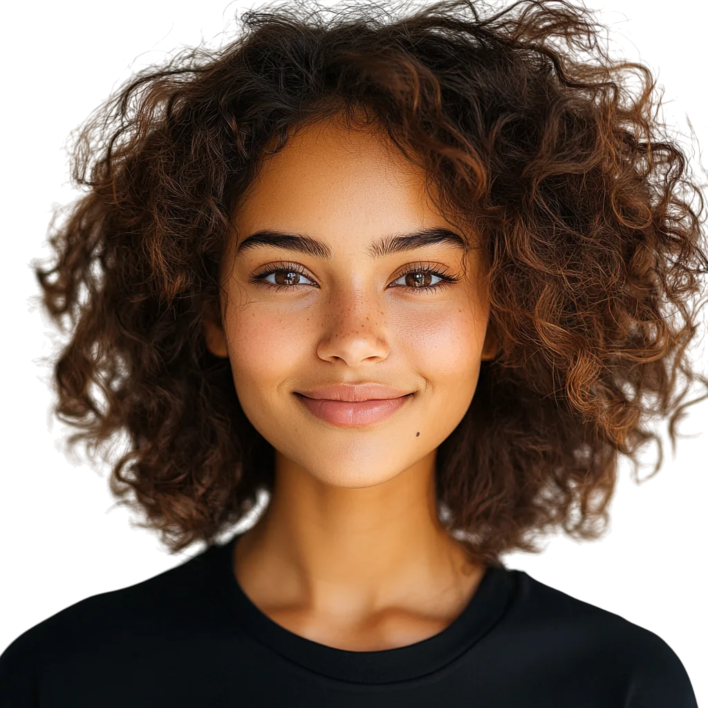 Smiling Black Woman with Curly Bob Free PNG Portrait