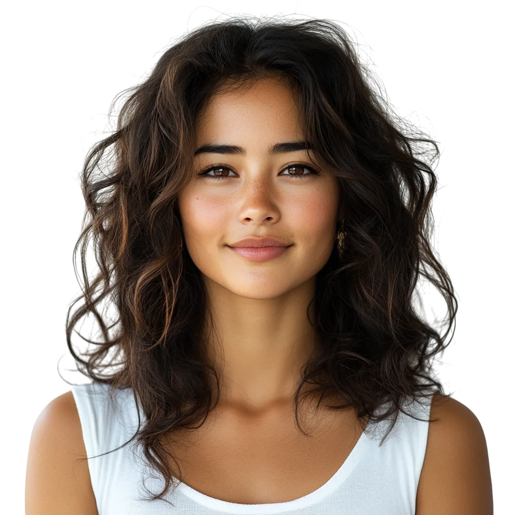 Smiling Young Woman with Wavy Hair Free PNG