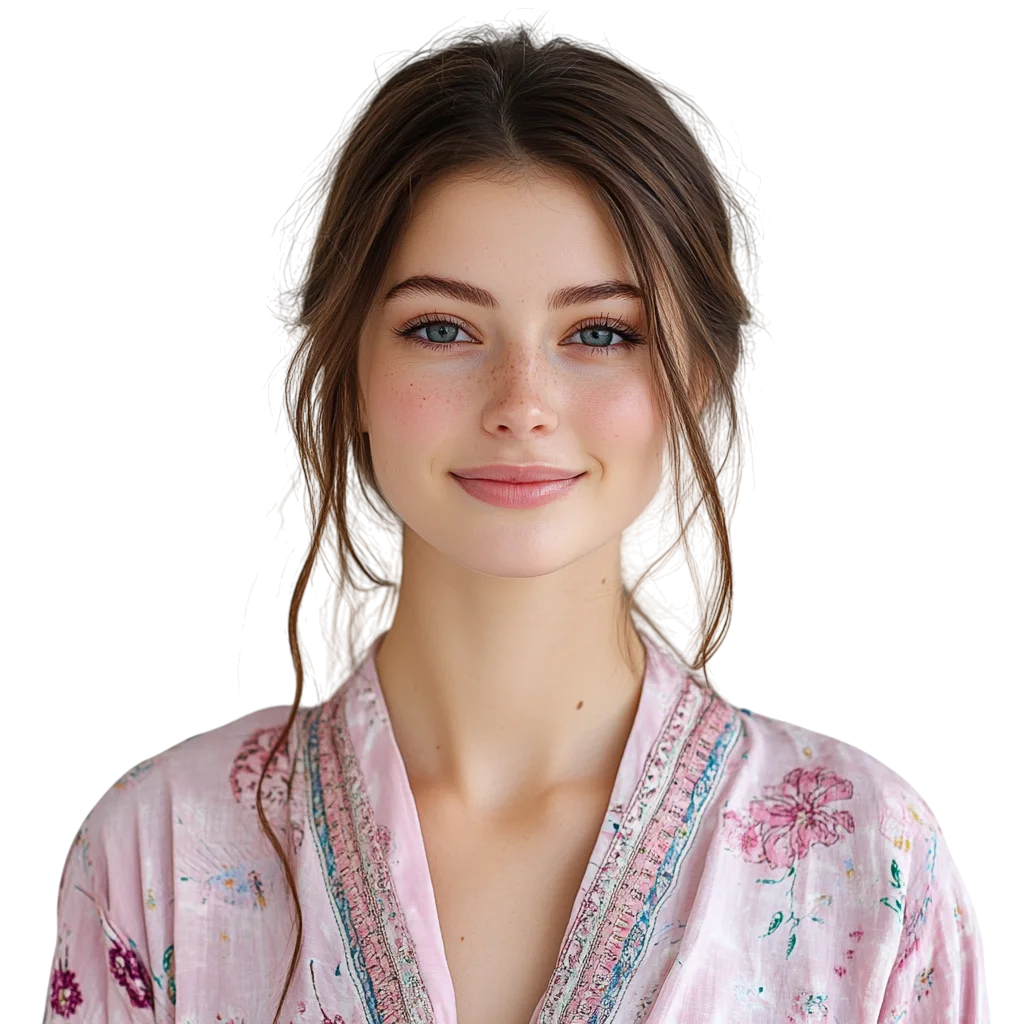 Gentle Young Woman in Floral Robe Free PNG Cutout