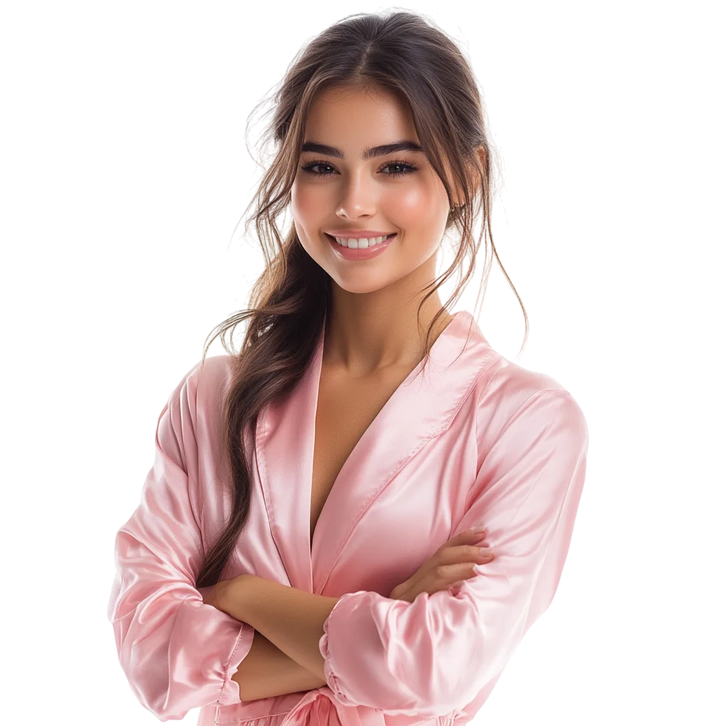 Confident Woman in Pink Silk Blouse Free PNG