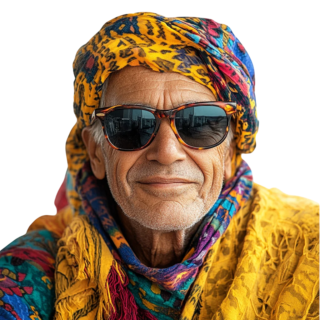 Senior Traveler in Headwrap and Glasses Free PNG