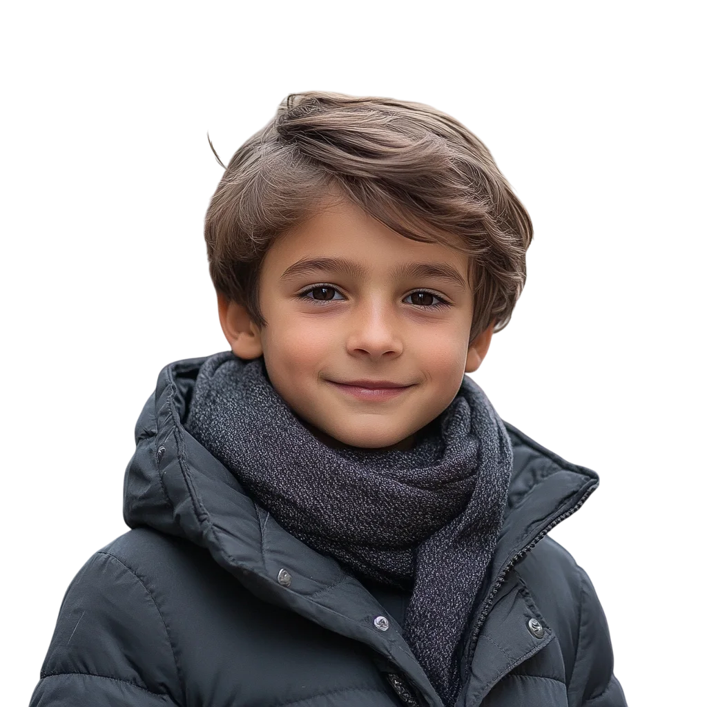 Smiling Boy in Black Winter Puffer Jacket Free PNG
