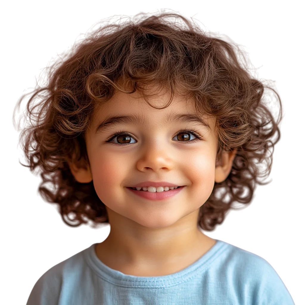 Happy Curly Hair Boy in Blue Shirt Free PNG