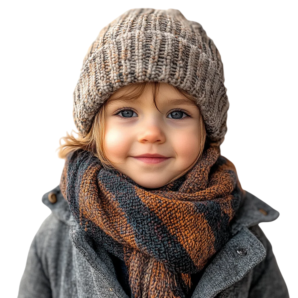 Cute Child in Gray Knit Beanie and Scarf Free PNG
