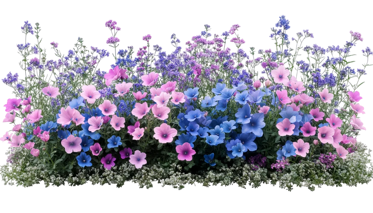 Vibrant Blue and Pink Flower Bush Garden Bed Free PNG