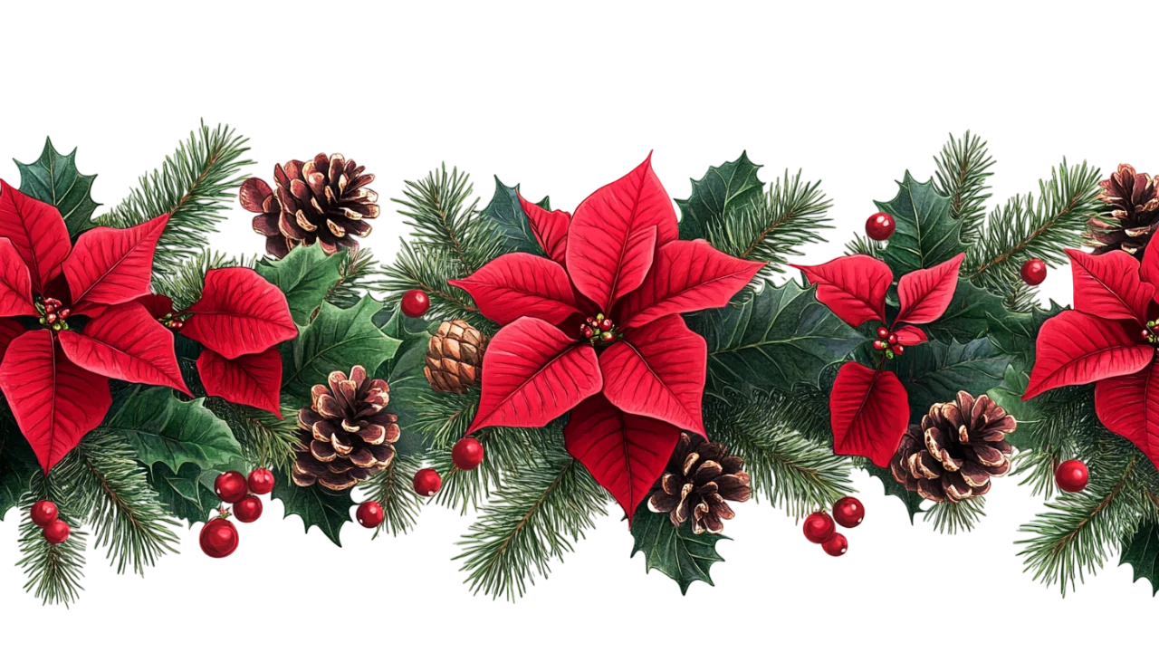 Festive Christmas Poinsettia Pine Garland Swag Free PNG