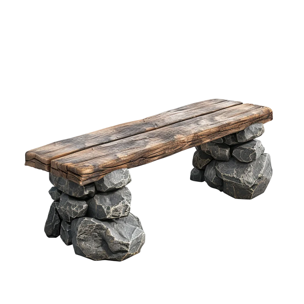 Rustic Wooden Garden Bench on Stones Free PNG Cutout